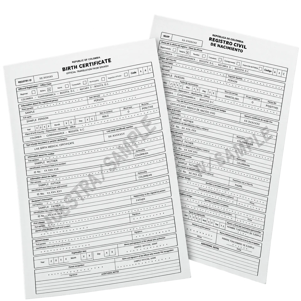 Colombian birth certificate in Spanish alongside its certified English translation in mirror format