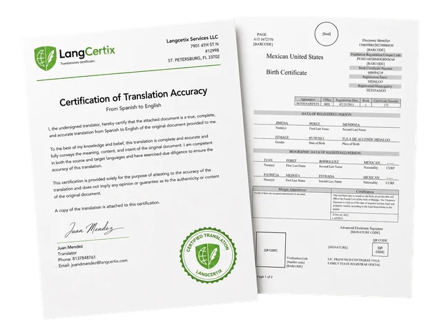 Ejemplo de acta de nacimiento traducida al inglés y certificación firmada de LangCertix