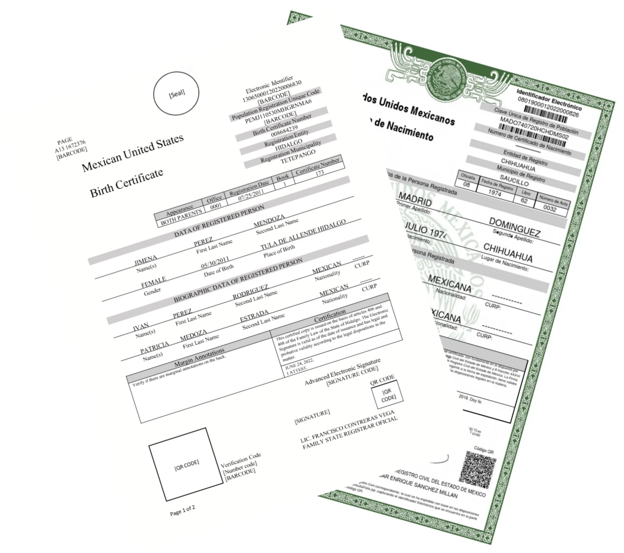 Acta de nacimiento mexicana en español junto a su traducción certificada al inglés en formato espejo