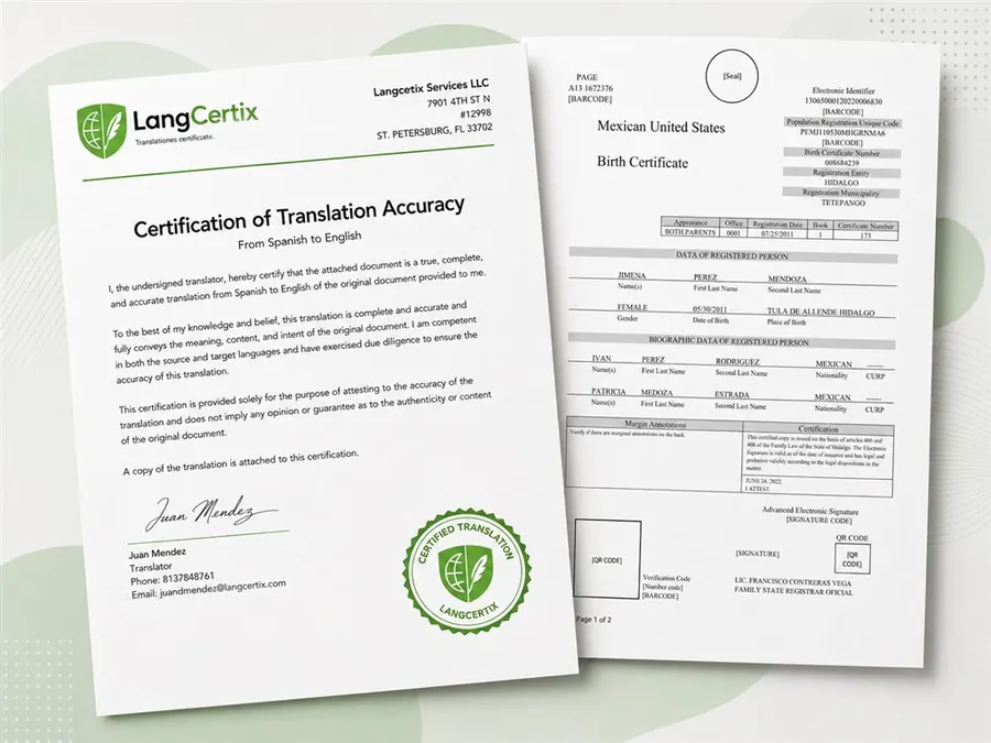 Ejemplo de acta traducida al inglés y certificación firmada