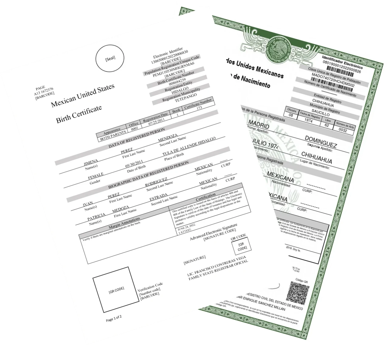 Muestra de traducción certificada de acta de nacimiento con formato espejo