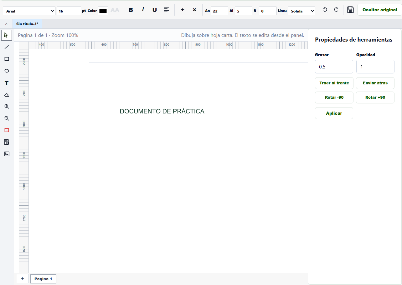 Captura de Document Studio de LangCertix editando un documento ficticio de práctica